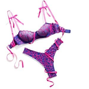 Ribbon Writing Unlined Lace Balconette Bra and Panty Set